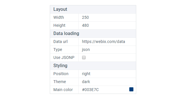 Webix Property Sheet UI widget